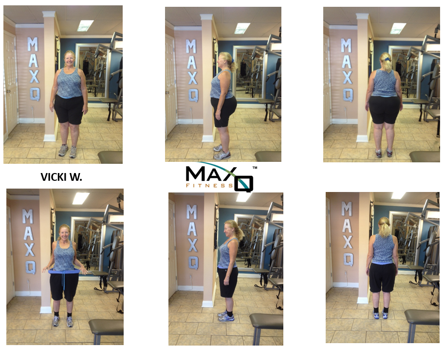 Vicki W.'s MaxQ15 transformation — front, side, and back views before and after training in the MaxQ studio
